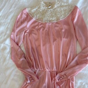 Vintage Pink Satin Maxi Dress with Lace Collar